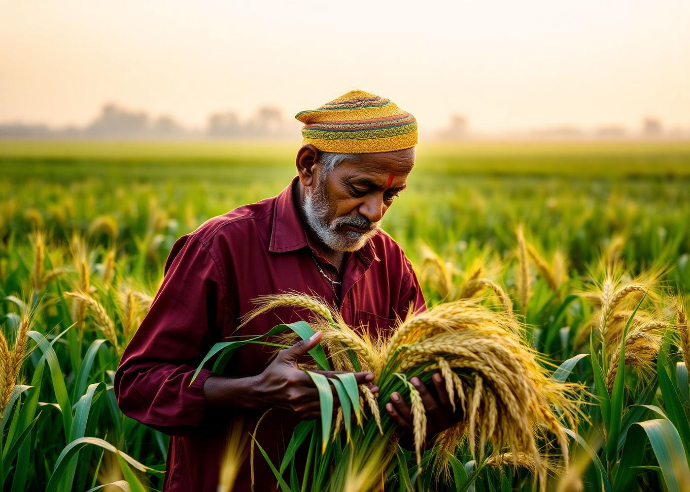 Indian farmer inspecting fresh grain at sunrise